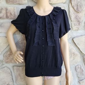 WORTHINGTON | Black Button Ruffle Short Sleeve Sweater